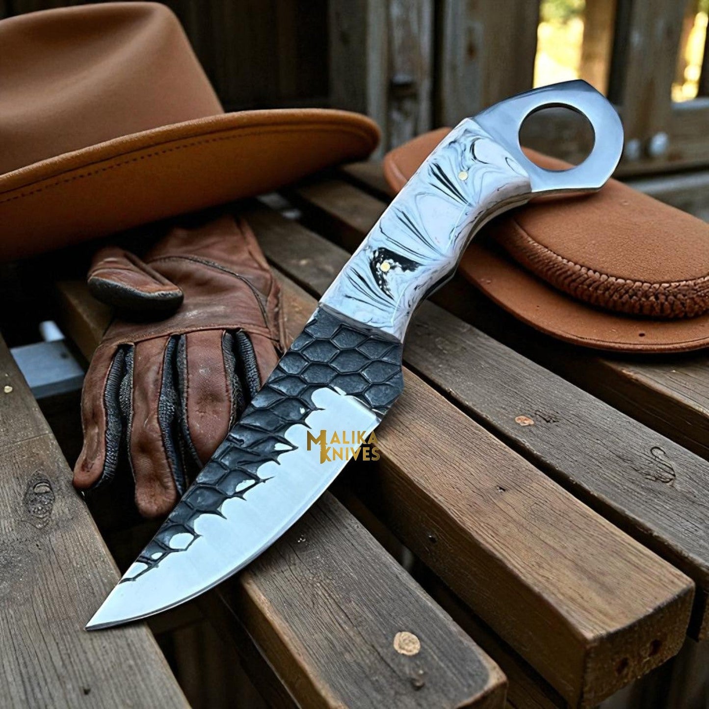 Handmade Cowboy Knife | Forged D2 Steel Blade with Resin Handle & Pancake Sheath – Ranch & Western Style
