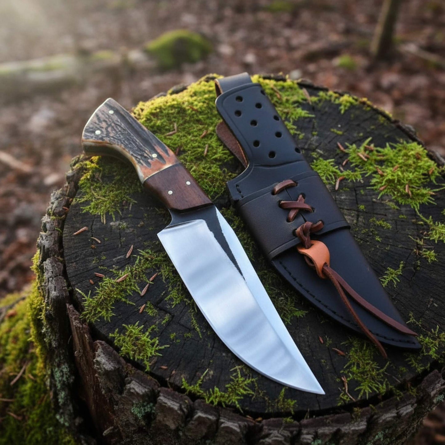 D2 Hunting Knife Antler Handle Rosewood Full Tang