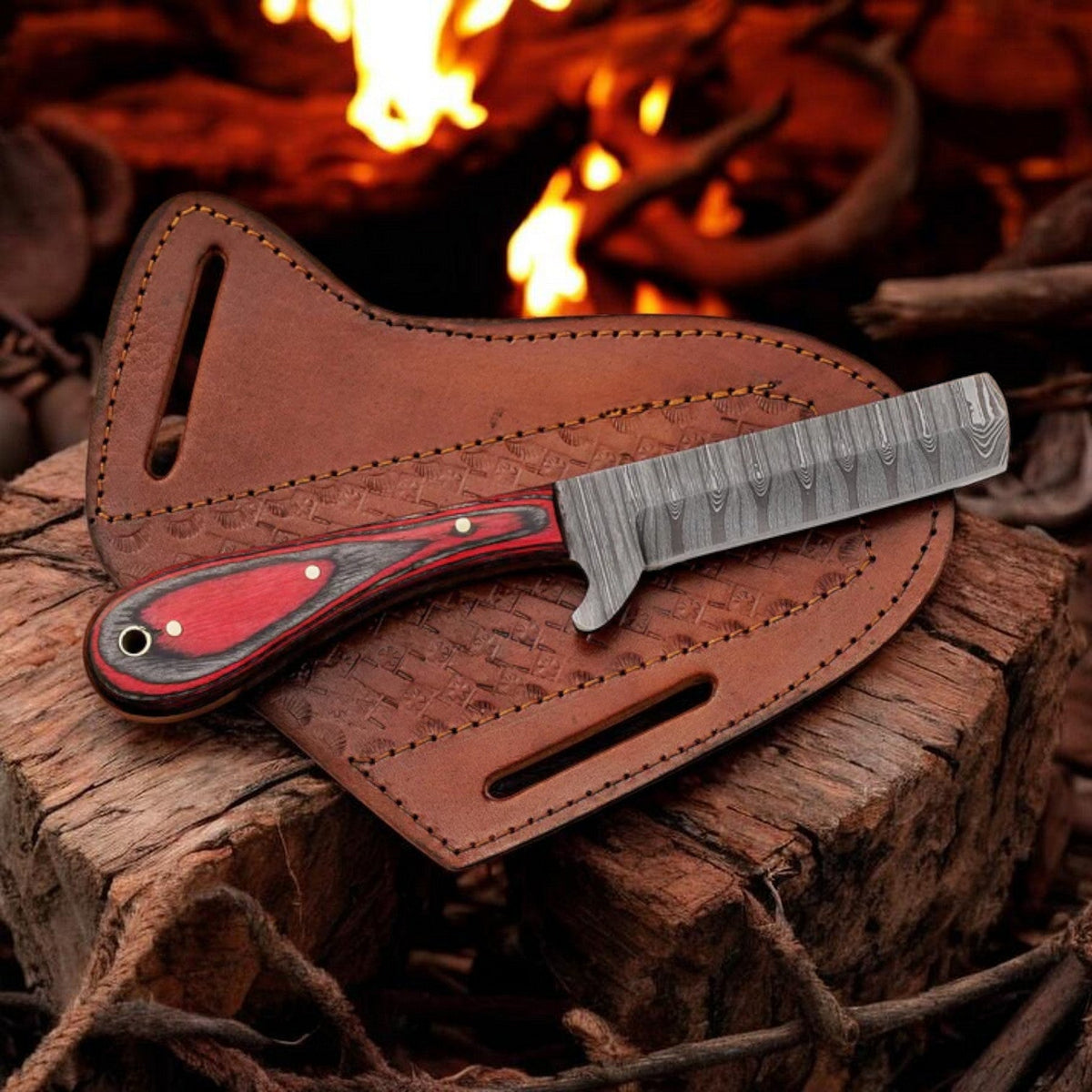 Damascus Cowboy Bull Cutter Knife | Red Pakka Wood | Pancake Sheath