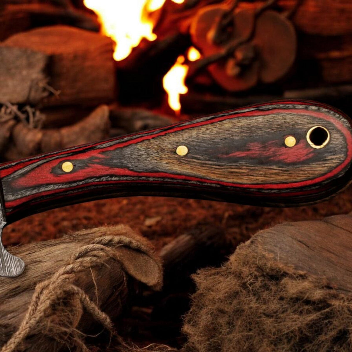 Damascus Cowboy Bull Cutter Knife | Red Pakka Wood | Pancake Sheath