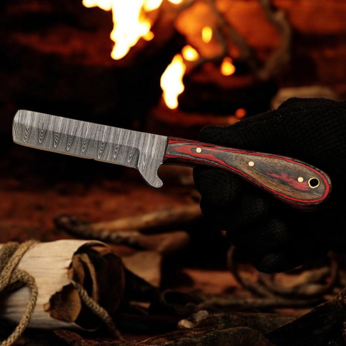 Damascus Cowboy Bull Cutter Knife | Red Pakka Wood | Pancake Sheath