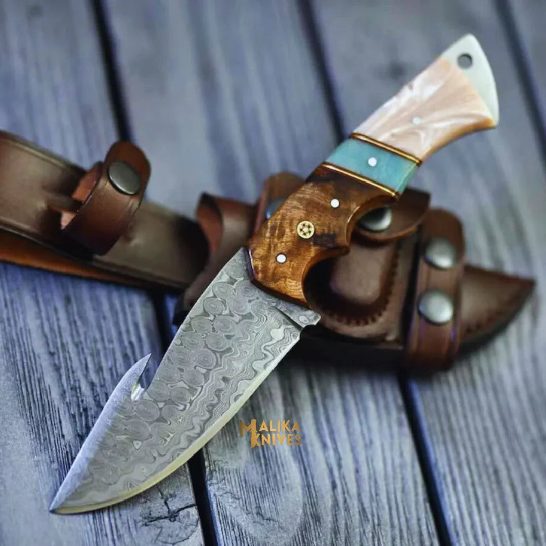 Damascus Gut Hook Hunting Knife Wood Resin Handle