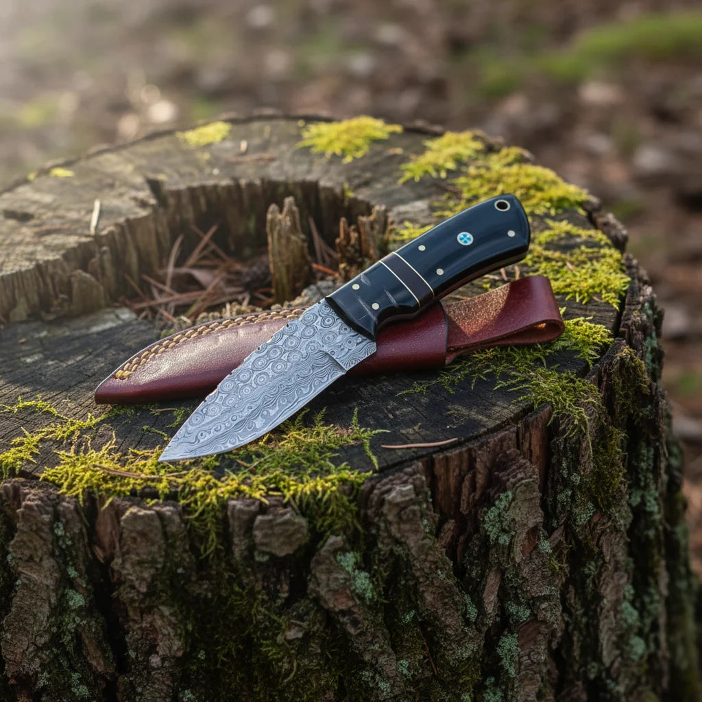 Damascus Hunting Knife Bull Horn Handle Compact