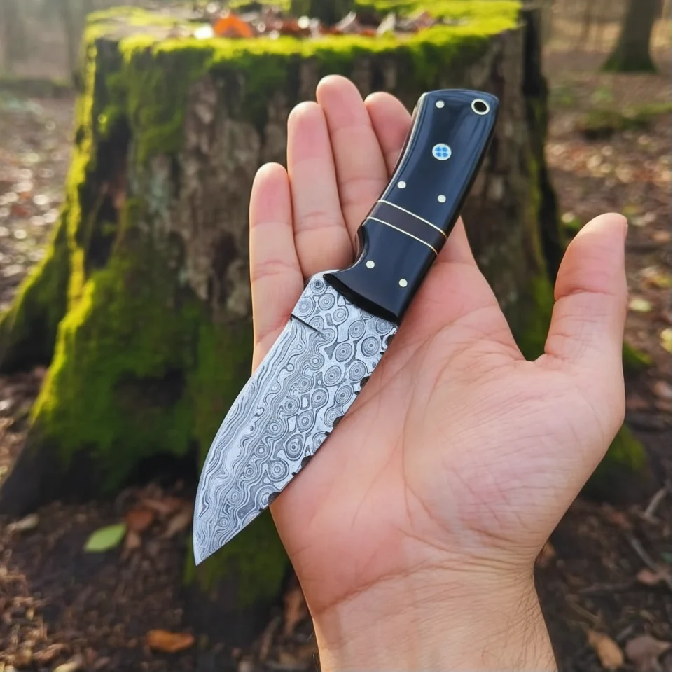 Damascus Hunting Knife Bull Horn Handle Compact