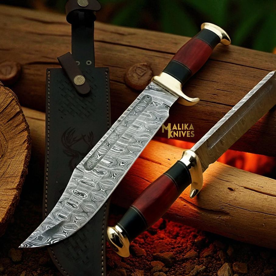 Damascus Dundee Bowie Knife Bull Horn Pakka Wood Handle