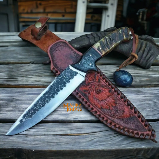 Hand Forged D2 Hunting Knife Bull Horn Handle