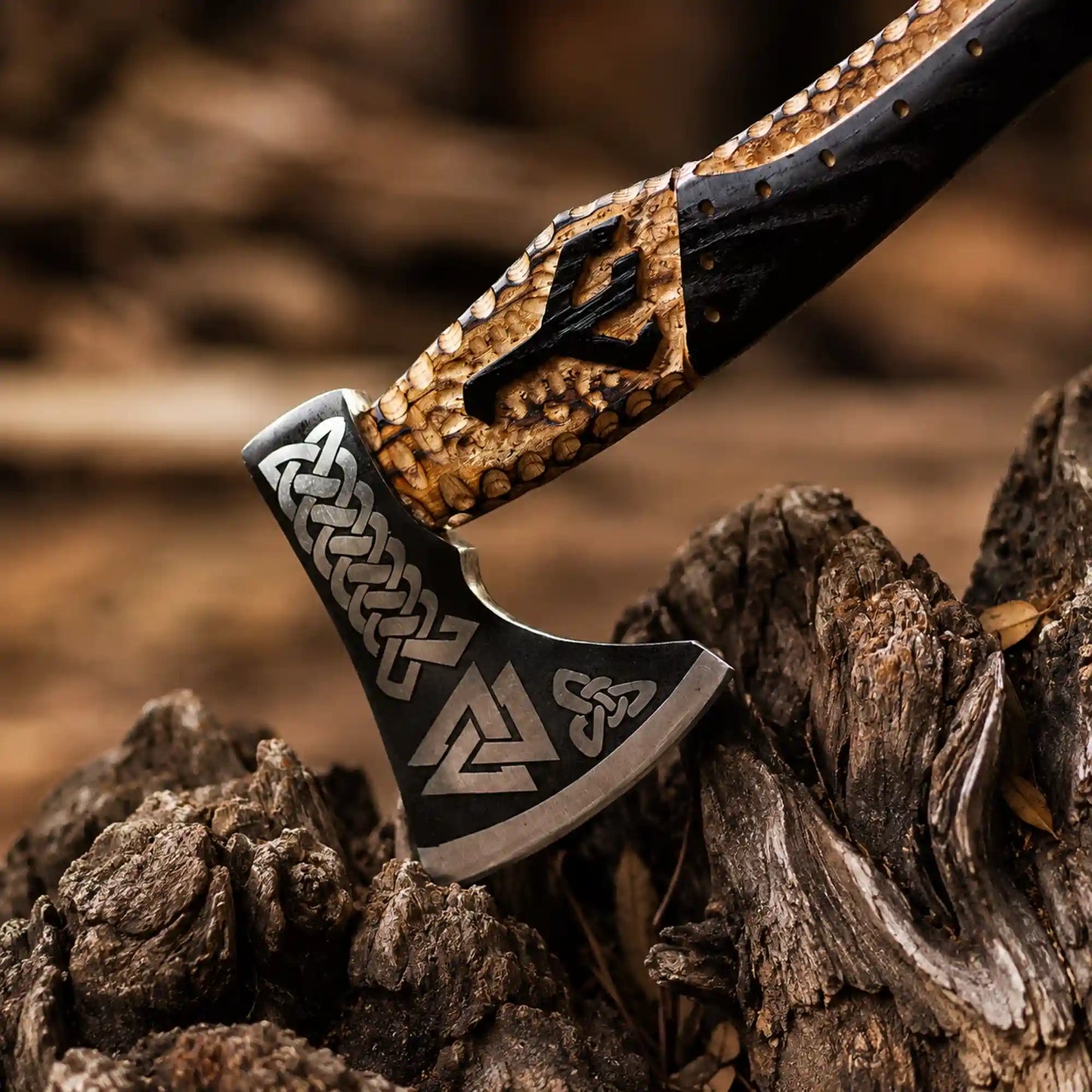 Valknut Viking Axe – Hand-Forged 1075 Steel Bearded Axe, Carved Ash Handle