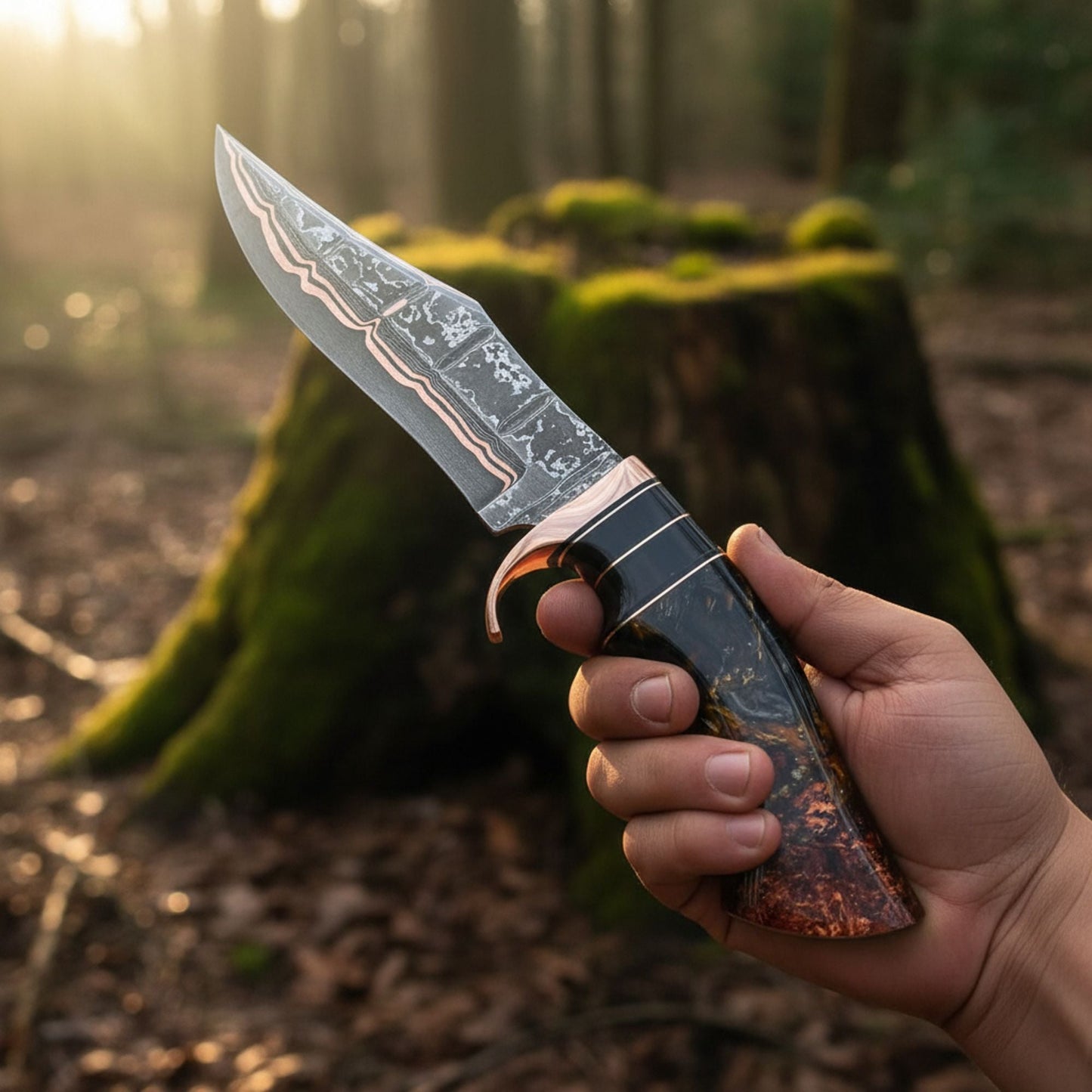 Copper Damascus Bowie Knife Handmade Copper Guard