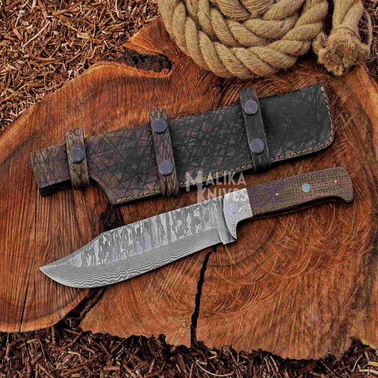 Stainless Damascus Hunting Knife with Leather Sheath.