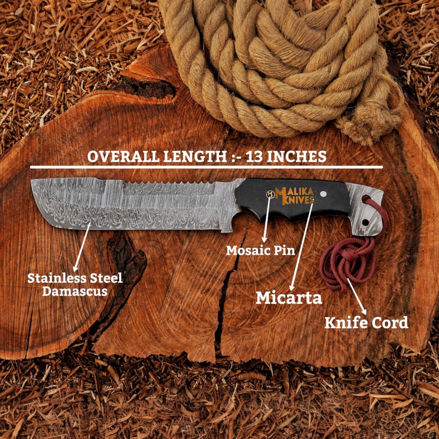 Bowie Knife 13” Damascus Steel | Malika Knives