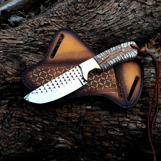 Rasp Steel Cowboy Knife – 8" Skinner with Pine Cone Handle & Crossdraw Sheath