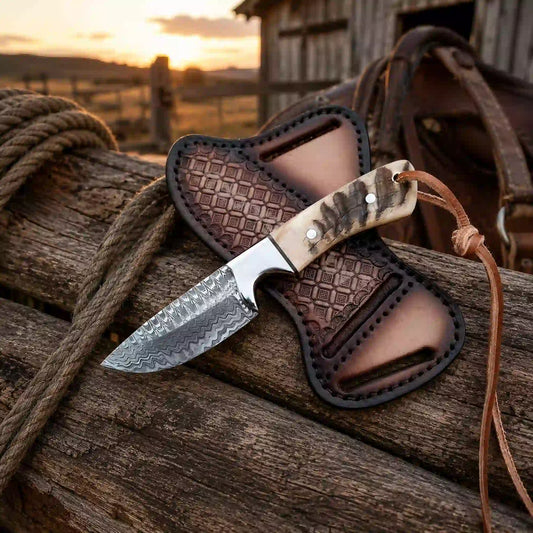 Buckaroo Knife | Damascus Steel with Ram Horn Handle