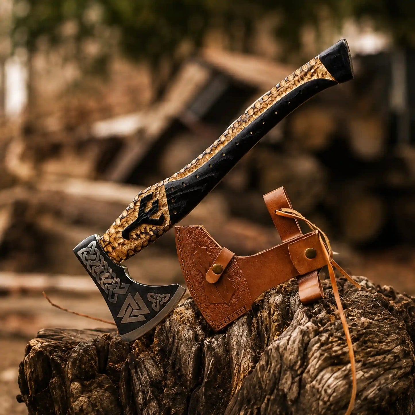 Valknut Viking Axe – Hand-Forged 1075 Steel Bearded Axe, Carved Ash Handle