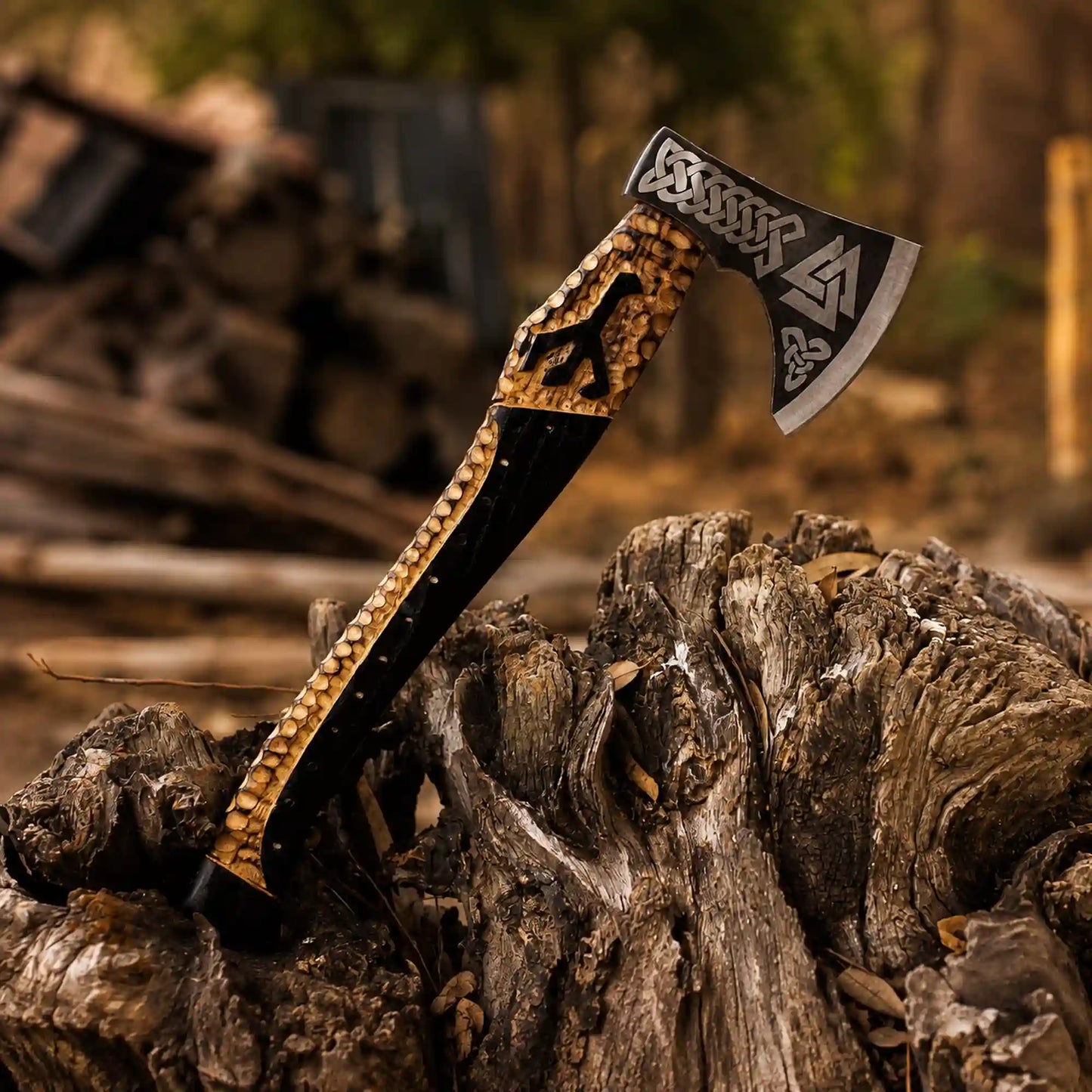 Valknut Viking Axe – Hand-Forged 1075 Steel Bearded Axe, Carved Ash Handle