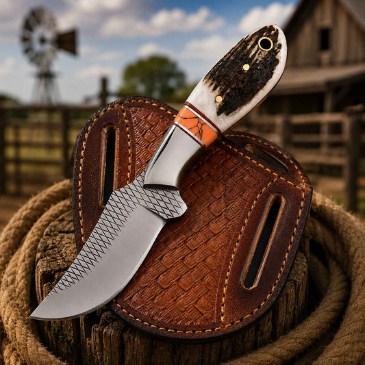 Western Belt Knife D2 Rasp Steel Stag Horn Handle